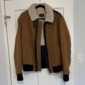 NWT The Kooples Tan Bomber Jacket with Cream Shearling Collar